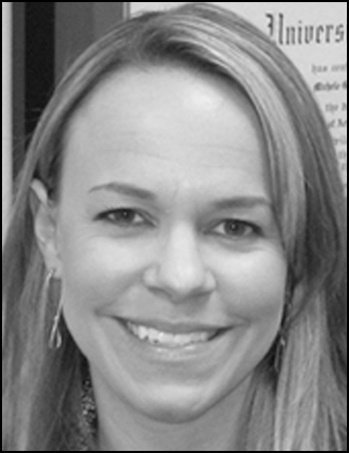 A grayscale head-and-shoulders portrait of an adult person above a block of professional information that lists an academic position, university affiliation, office telephone number, and email address within a thin rectangular border.