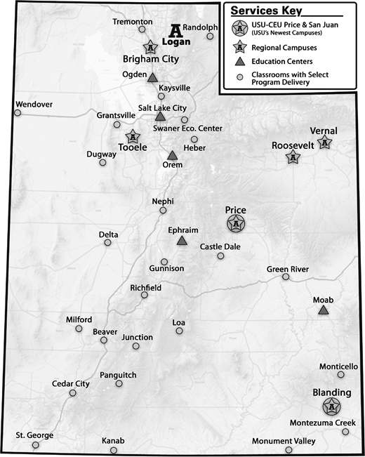 A grayscale map of Utah marked with icons indicating regional campuses, education centers, and classrooms with select program delivery, labeled with city names and accompanied by a services key in the upper right corner.