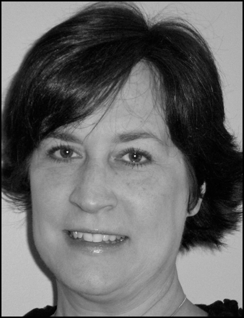 A grayscale head-and-shoulders portrait of an adult person above a block of professional information listing a college affiliation, department, mailing address, telephone number, and email, all within a thin rectangular border.