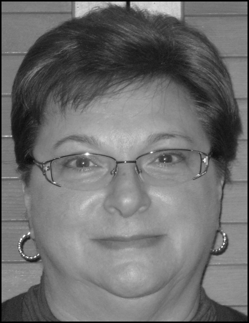 Portrait-style illustration with a grayscale headshot of a woman above centered text listing her name as Loretta Cannistraci, with job title, organization, address, telephone number, and e-mail.