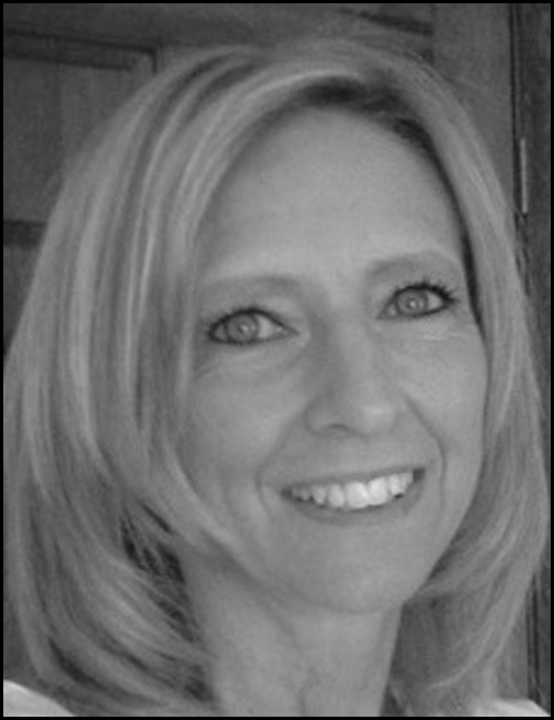 Portrait-style illustration with a grayscale headshot of a woman above centered text named as Sharon Eckstein, grade level and subject, school district, school address, telephone number, and e-mail.