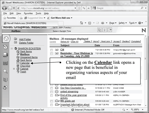 Illustration of an email web interface showing folder list on the left and message list on the right, with an arrow labeled Calendar pointing to a link and a callout box explaining that clicking the Calendar link opens a new page.