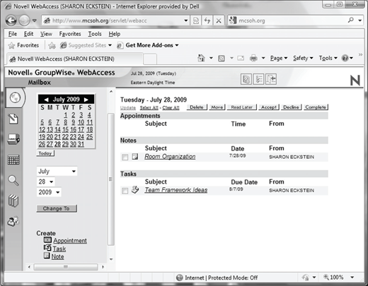 Illustration of a web email calendar interface showing a small monthly calendar on the left and an organized panel on the right listing appointments, notes, and tasks with Subject, Time, Date, and From columns.
