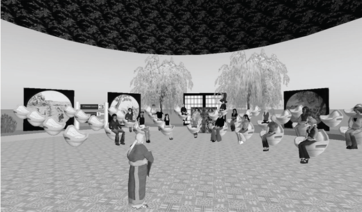 A virtual classroom illustration showing numerous seated avatars arranged in a circle around an instructor, with large myth-themed images, trees, and decorative panels in the background.