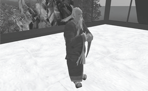 A 3D avatar of an elderly figure with long hair and a beard stands on a bright tiled floor near large windows and a wall displaying a nature image.