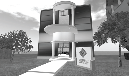 A 3D rendering of a modern circular-front building labeled Valencia Community College, with a curved entrance path, columns, large windows, and surrounding trees in a virtual campus environment.