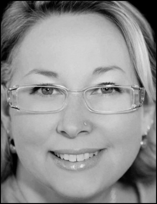 A portrait-style photograph of a woman wearing glasses, named as Andrea Vassar,listing her institutional affiliation, street address, telephone number, and email contact.