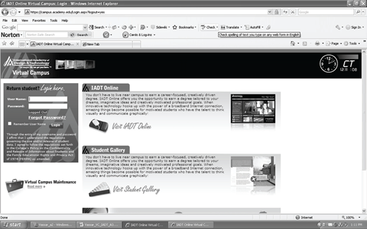 A screenshot of a virtual campus webpage showing login fields on the left, sections titled IADT Online and Student Gallery in the center, and a top browser toolbar with navigation icons and address bar.
