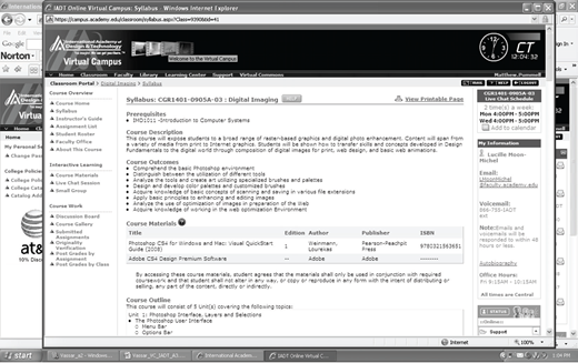 A screenshot of an online course syllabus page displaying navigation menus on the left, detailed course information and materials in the center, and a sidebar with contact and schedule details on the right.