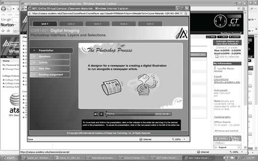 A grayscale screenshot of an online course interface showing a central illustration titled as The Photoshop Process, with a newspaper and a designer graphic. Left menu lists Presentation, Overview, Activity, Web Site, and Reading Assignment. Multiple windows overlap in the background.