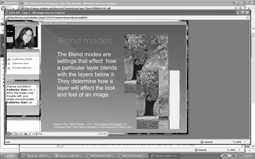 A screenshot of an online classroom interface showing a slide titled Blend modes with text about layer blending and a tree illustration, alongside a live chat panel with participants and message list.