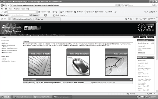 A webpage screenshot shows an online library interface with three labeled panels: Find Articles & Books, Find Web Resources, and Ask a Librarian. Menus appear on the left and right, with announcements displayed below the main panels.
