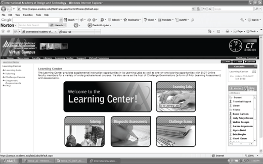 A webpage screenshot showing the Learning Center section of a virtual campus, with labeled panels for Learning Labs, Tutoring, Diagnostic Assessments, and Challenge Exams, alongside navigation menus and contact information.