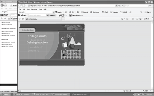 A screenshot of an interactive learning presentation in a browser window, showing a slide labeled Introduction with topics like college math and defining functions, alongside mathematical diagrams including shapes, graphs, and the formula a2 plus b2 minus c2.