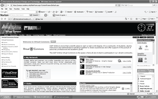 A webpage screenshot showing the Virtual Commons under Virtual Campus page with sections titled My Network, Clubs, and user activity panels, arranged in a grid layout with labeled content blocks and navigation menus on the left and right.