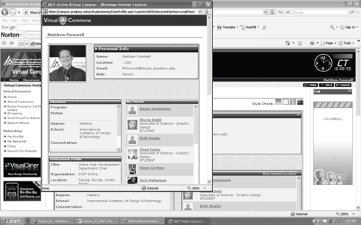 A screenshot of a user profile window in a virtual campus interface showing a portrait, labeled sections for personal info, programs, degrees, concentrations, and a list of contacts, overlaid on the main dashboard page.
