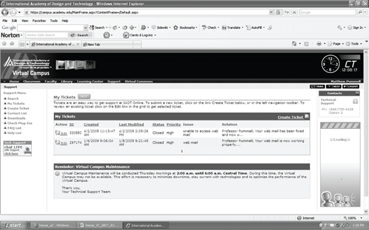 A webpage interface displaying a My Tickets table with columns for action, ticket number, dates, status, priority, issue, and solution, followed by a reminder section about virtual campus maintenance within a standard browser window layout.