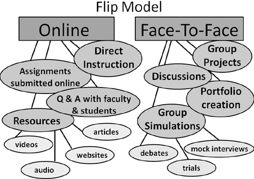 A diagram titled Flip Model showing two main branches labeled Online and Face to Face.