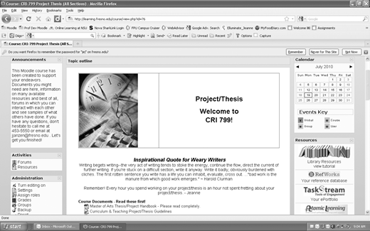 A screen shot of a web browser displaying the Moodle course C R I dash 799 dash Project Thesis, showing the course title Project Thesis Welcome to C R I 799 exclamation point, with an image of a clock, followed by an Inspirational Quote for Weary Writers, course announcements, a calendar for July 2010, Activities, Administration, and Resources including library resources, RefWorks, Taskstream, and Atomic Learning.