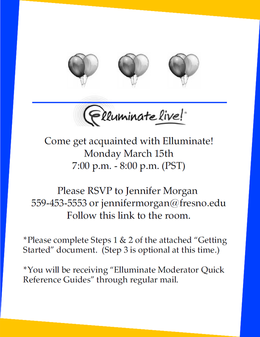 An invitation with three balloon icons, the text E L Luminate Live exclamation point, Come get acquainted with E L Luminate exclamation point.