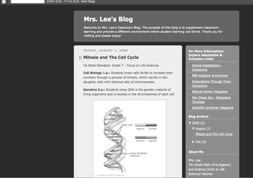 A screenshot of a website titled Mrs. Lee's Blog, which serves to supplement classroom learning and provide a different student learning environment.