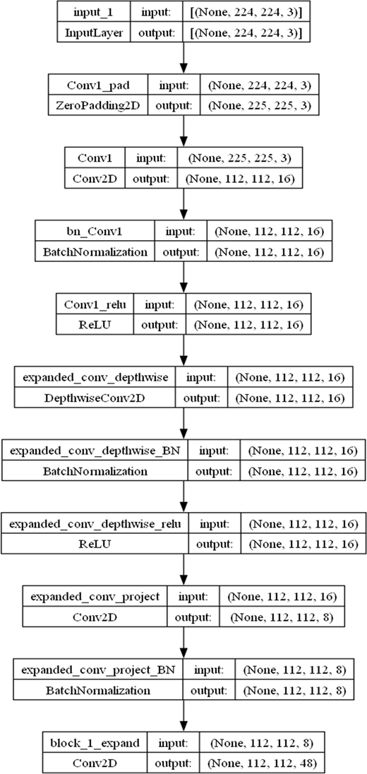 A vertical flow diagram showing the sequence of layers in a convolutional neural network model, from input layer through convolution, normalisation, activation, and projection layers.