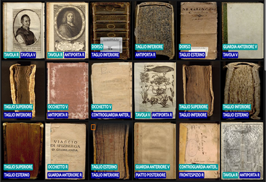 A grouped set of book parts showing labelled segments including T A V O L A V, A N T I P O R T A R, T A G L I O superiore, O C C H I E T T O V, and G U A R D I A A N T E R I O R E V.