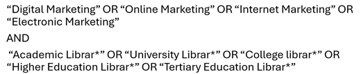 A search string lists digital marketing terms with academic, university, college, higher education, and tertiary education library terms.