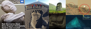 A collage combines a mummy-like head, a large footprint, a stone head, terrain markings, and an underwater pyramid-like form.
