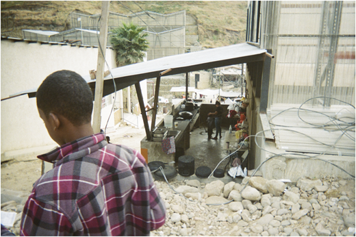 A photograph of a person standing above an outdoor kitchen area with a slanted roof and people working below.