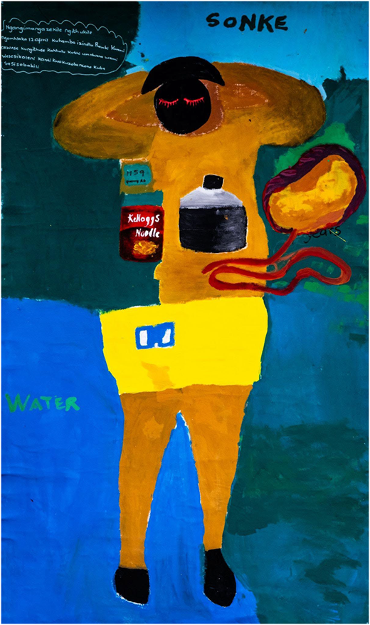 A photograph of a painted figure with objects, text labels, and an umbilical cord depicted on a tall vertical canvas.