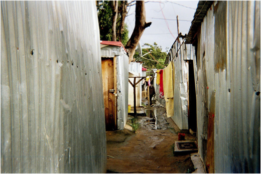 A photograph of a narrow passage between metal walls with doors, hanging laundry, puddles, and a tree overhead.