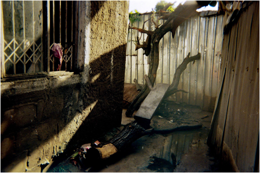 A photograph of a narrow outdoor space with a window, metal walls, a fallen tree trunk, debris, and puddles on the ground.