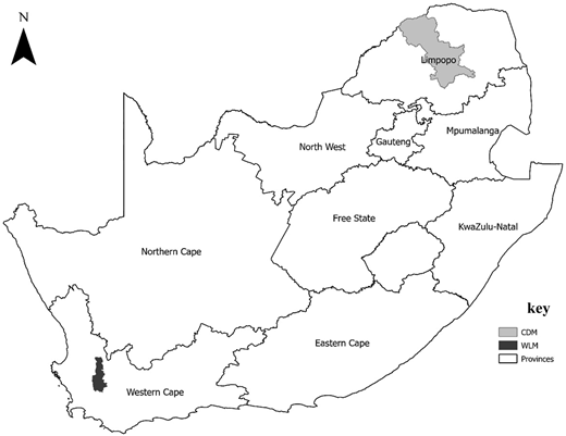A map of South Africa shows the locations of the two case study municipalities, C D M and W L M.