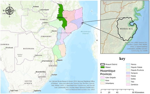 A map shows Mozambique provinces with Malawi highlighted and an inset of Mossuril District.