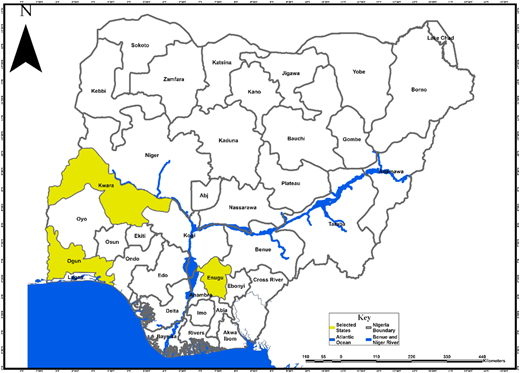 A map of Nigeria highlighting three flood-vulnerable states across three ethnolinguistic regions.
