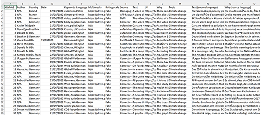 A table displays 29 climate change misinformation entries with sources, dates, and multilingual explanations.