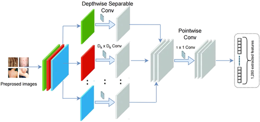 A diagram shows depthwise separable convolution and pointwise convolution extracting 1280 features from preprocessed images.