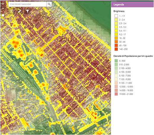A heat map showing brightness and population density in a region.