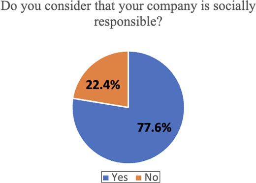 A pie chart titled Do you consider that your company is socially responsible shows 77.6 percent responding Yes and 22.4 percent responding No.
