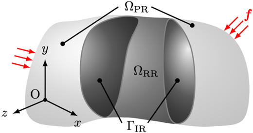 A diagram shows a domain with labeled regions and forces in 3 D coordinates.