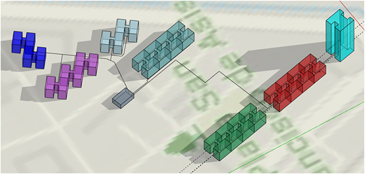 An illustration of a 3D model representing a district heating network.