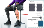 A person sitting on a chair with a device on their leg, illustrating the application of a new muscle technology.