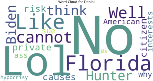 A word cloud for denial shows prominent words like “No,” “Florida,” “Lol,” and “Like”.