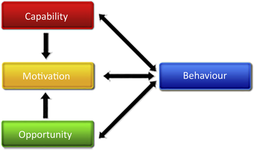 A figure illustrates the bidirectional interaction of Capability, Motivation, and Opportunity with Behaviour.