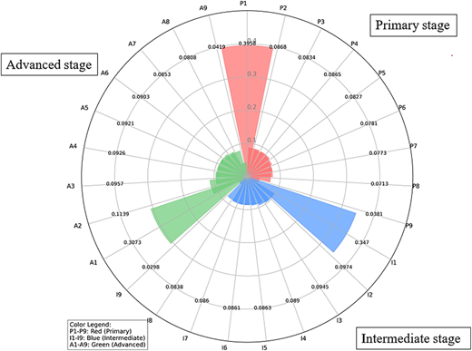 A circular polar chart shows Primary, Intermediate, and Advanced stage values across P, I, and A categories.