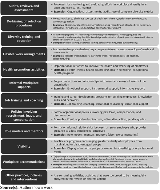 A table shows categories of organizational diversity and inclusion interventions.