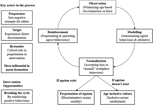A model illustrates ageism through observation, modelling, normalization, and reinforcement with key actors and outcomes.