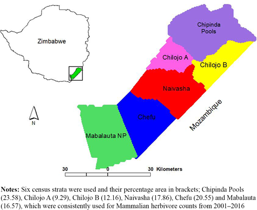 Gonarezhou National Park in south eastern Zimbabwe (−21°0.39`59.99``S; 31°0.39`59.99``E) Refer to the image caption for details.