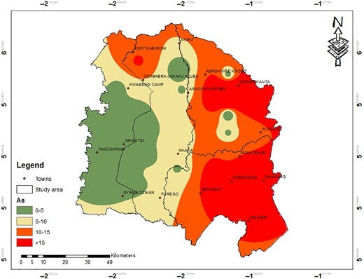 Distribution of Arsenic concentration in the study area Refer to the image caption for details.